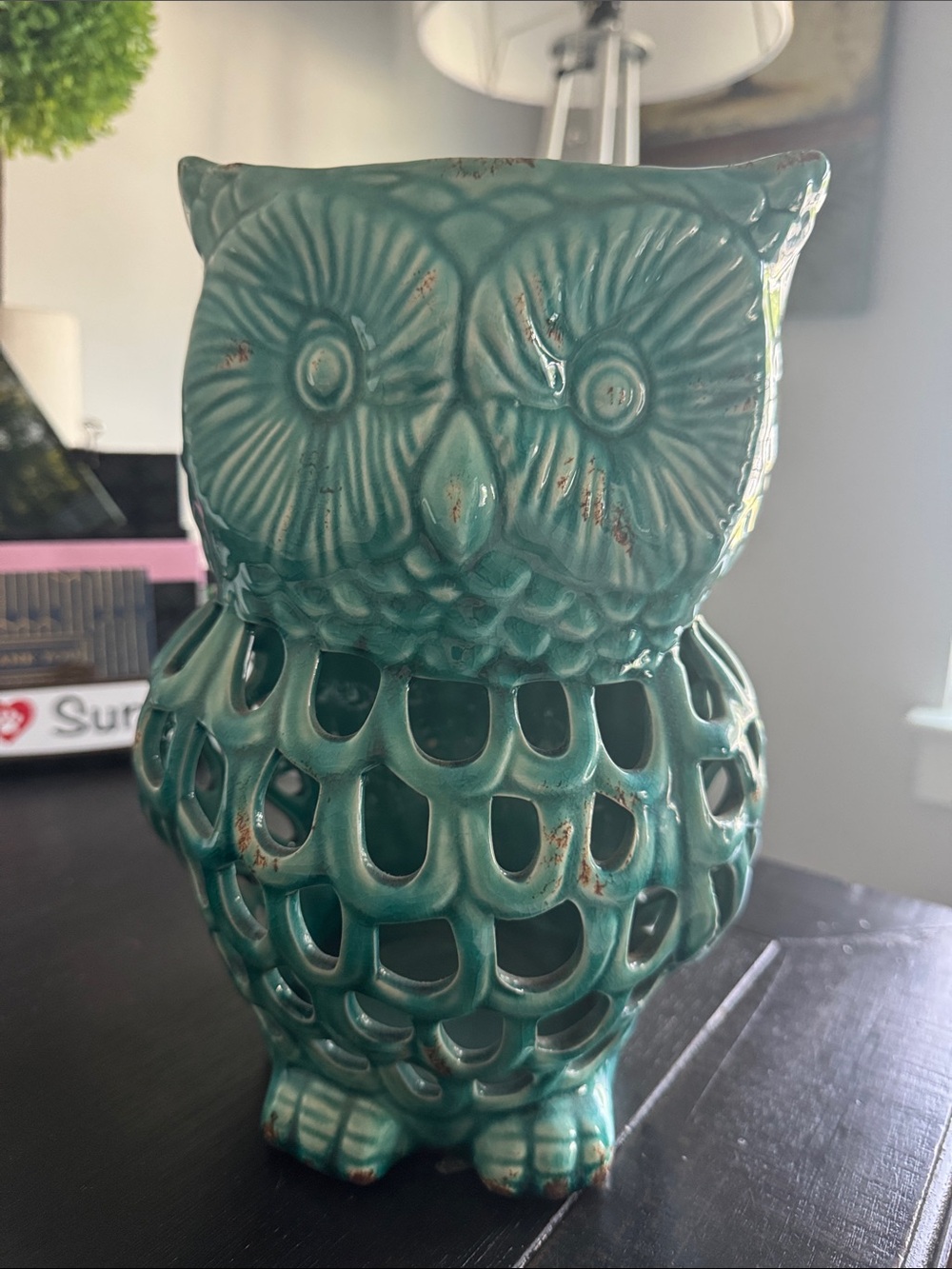 Teal Ceramic Owl Luminary